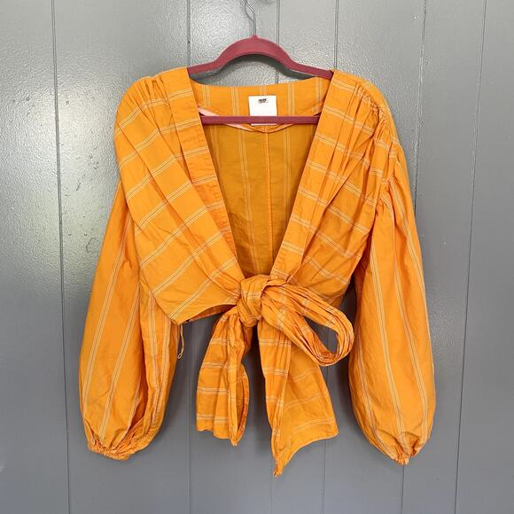 Acler Wyatt Orange Stripped Puff Sleeves Summer Wrap Cropped Blouse 10 - Picture 3 of 9